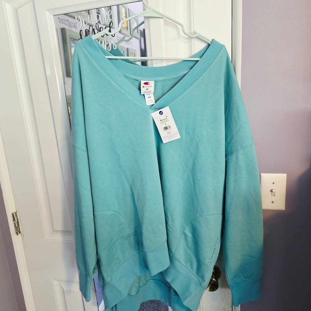 Champion Womens Gameday Deep V Tunic Pullover Sweatshirt Milky Way Blue 2X NEW